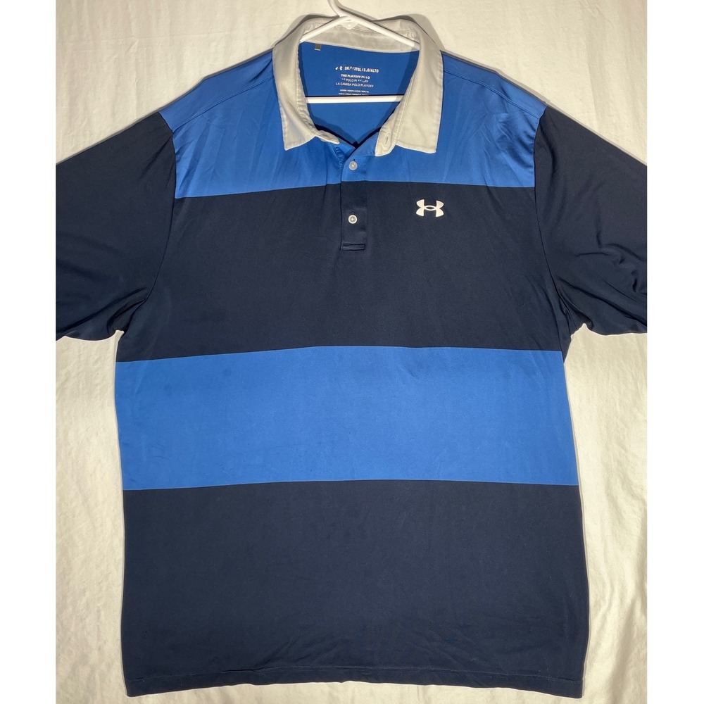 Under Armour Mens 3XLT Playoff Polo Shirt Blue Navy Striped Colorblock HeatGear